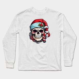 Santa Hat wearing Skull with Candy Canes Long Sleeve T-Shirt